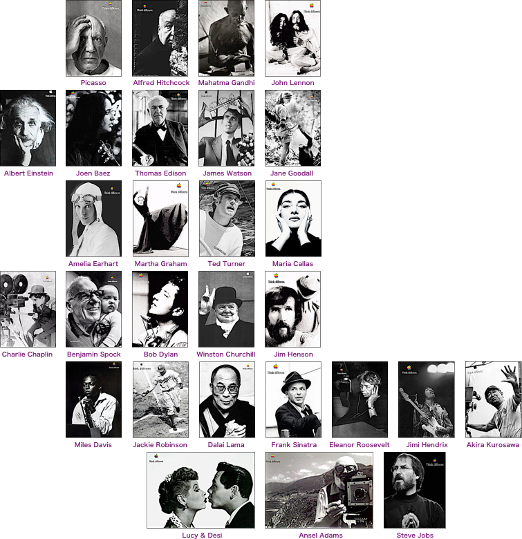 ￼     ￼      ￼      ￼      ￼
                                       Picasso　          Alfred Hitchcock　 Mahatma Gandhi        John Lennon
￼     ￼     ￼     ￼     ￼
  Albert Einstein　        Joen Baez　         Thomas Edison        James Watson         Jane Goodall
￼     ￼     ￼     ￼     ￼
                                 Amelia Earhart　     Martha Graham　       Ted Turner             Maria Callas
￼     ￼     ￼     ￼     ￼
 Charlie Chaplin　    Benjamin Spock　        Bob Dylan         Winston Churchill         Jim Henson
￼     ￼     ￼     ￼     ￼     ￼     ￼     ￼
                                    Miles Davis　       Jackie Robinson　       Dalai Lama             Frank Sinatra      Eleanor Roosevelt        Jimi Hendrix         Akira Kurosawa
                                                                       ￼     ￼     ￼
                                                                                        Lucy & Desi　                                  Ansel Adams　                       Steve Jobs



